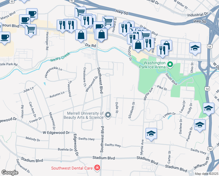 map of restaurants, bars, coffee shops, grocery stores, and more near 915 Southwest Boulevard in Jefferson City