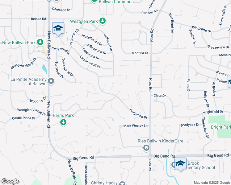 map of restaurants, bars, coffee shops, grocery stores, and more near 425 Echo Hill Drive in Ballwin