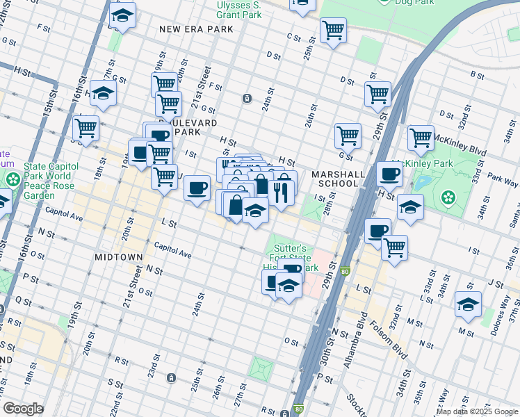 map of restaurants, bars, coffee shops, grocery stores, and more near 2525 K Street in Sacramento