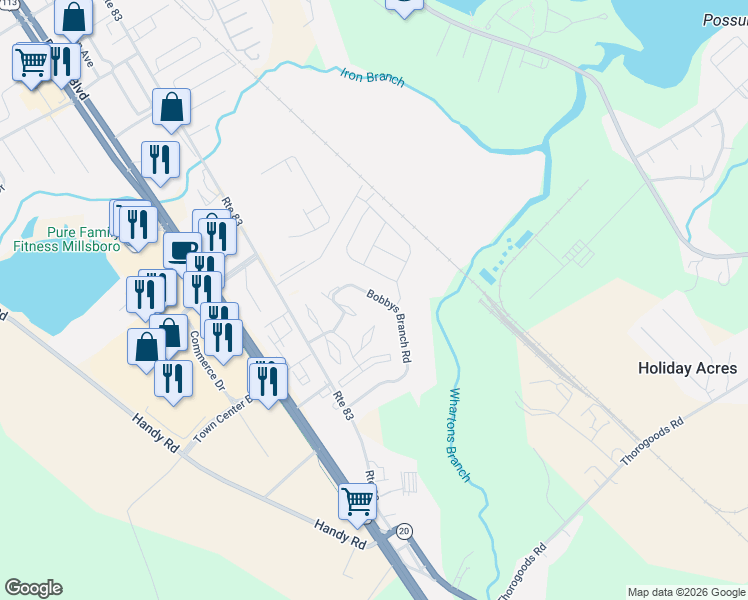 map of restaurants, bars, coffee shops, grocery stores, and more near 177 Bobbys Branch Road in Millsboro