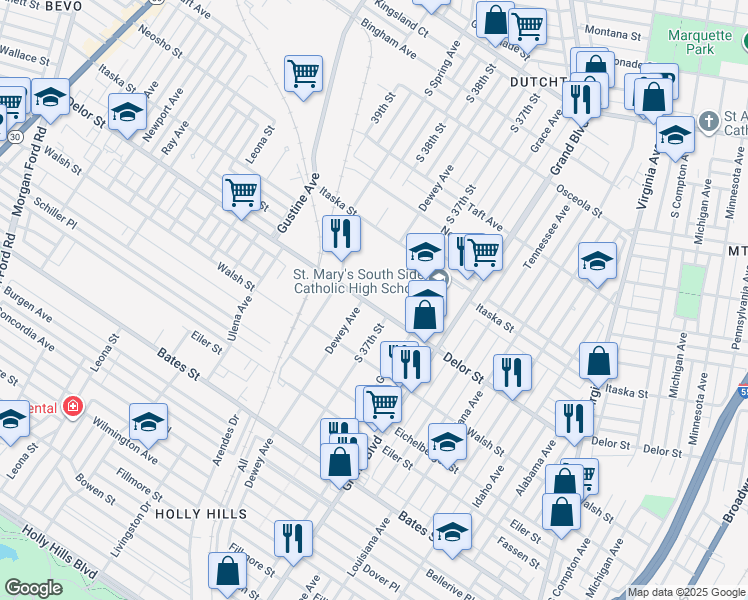 map of restaurants, bars, coffee shops, grocery stores, and more near 5018 Dewey Avenue in St. Louis