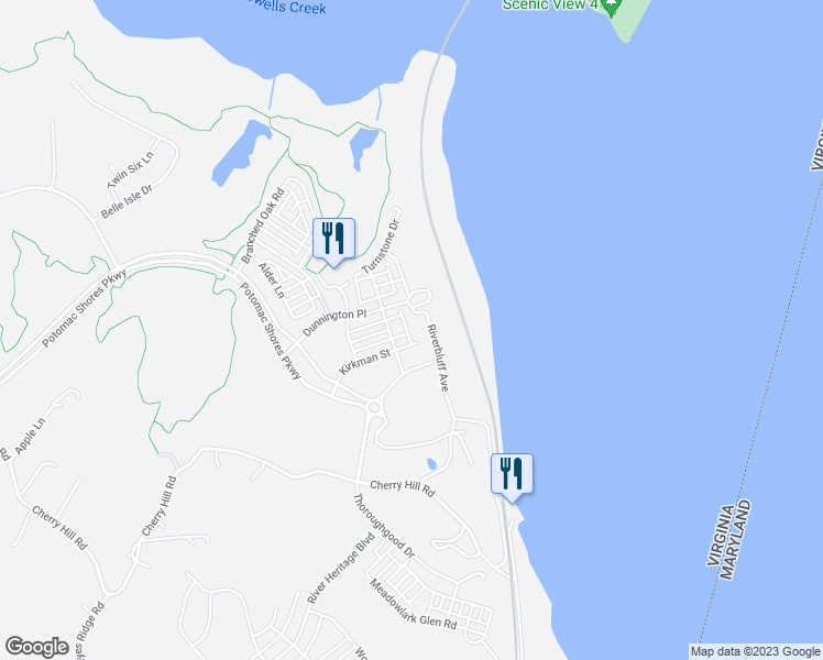 map of restaurants, bars, coffee shops, grocery stores, and more near 1745 Riverbluff Avenue in Dumfries