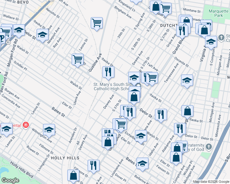 map of restaurants, bars, coffee shops, grocery stores, and more near 5018 Dewey Avenue in St. Louis
