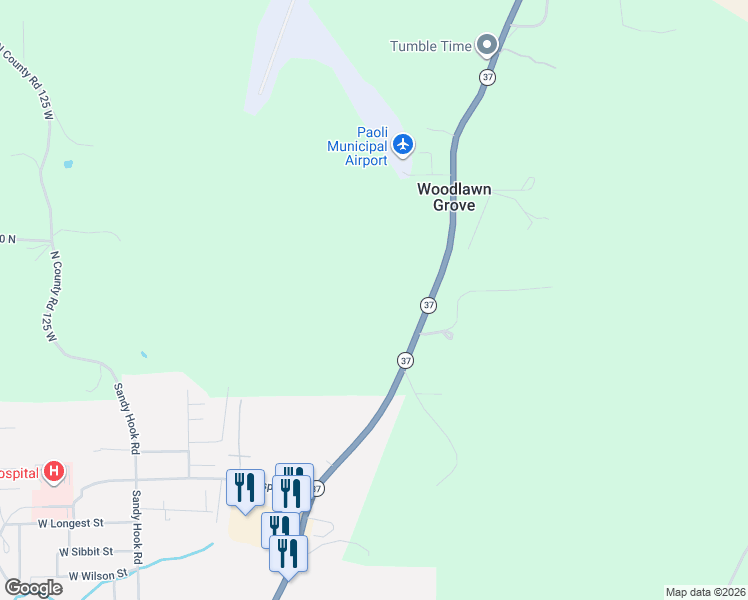 map of restaurants, bars, coffee shops, grocery stores, and more near 1215 Indiana 37 in Paoli