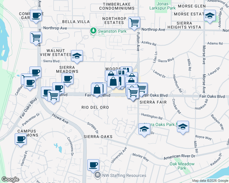 map of restaurants, bars, coffee shops, grocery stores, and more near 2410 Fair Oaks Boulevard in Sacramento