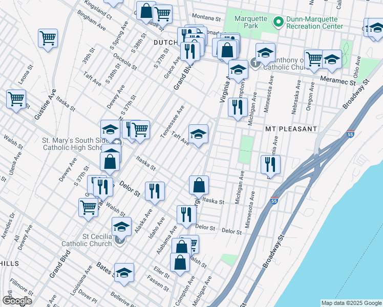 map of restaurants, bars, coffee shops, grocery stores, and more near 4610 Alaska Avenue in St. Louis