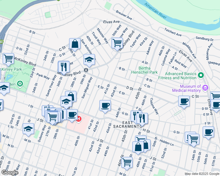 map of restaurants, bars, coffee shops, grocery stores, and more near 537 41st Street in Sacramento