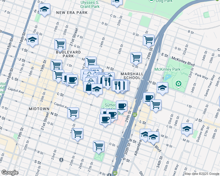 map of restaurants, bars, coffee shops, grocery stores, and more near 2612 J Street in Sacramento