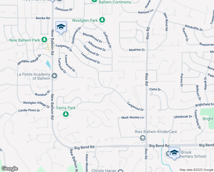 map of restaurants, bars, coffee shops, grocery stores, and more near 449 Far Hill Drive in Ballwin