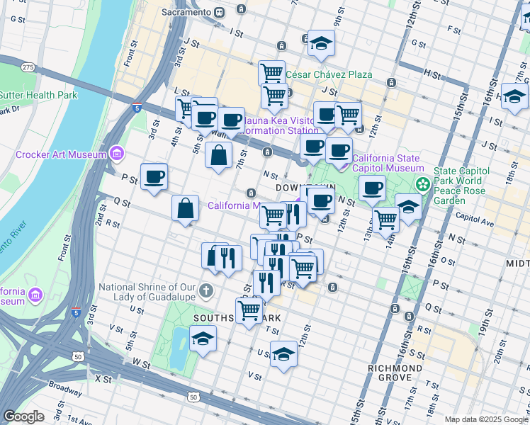 map of restaurants, bars, coffee shops, grocery stores, and more near 1516 9th Street in Sacramento