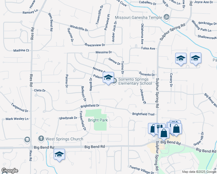 map of restaurants, bars, coffee shops, grocery stores, and more near 390 Tumulty Drive in Ballwin