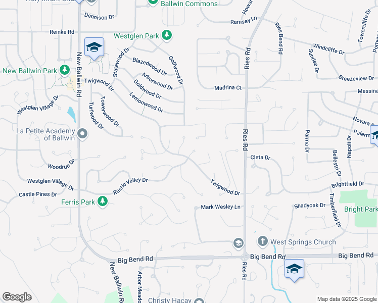 map of restaurants, bars, coffee shops, grocery stores, and more near 523 Rustic Valley Drive in Ballwin
