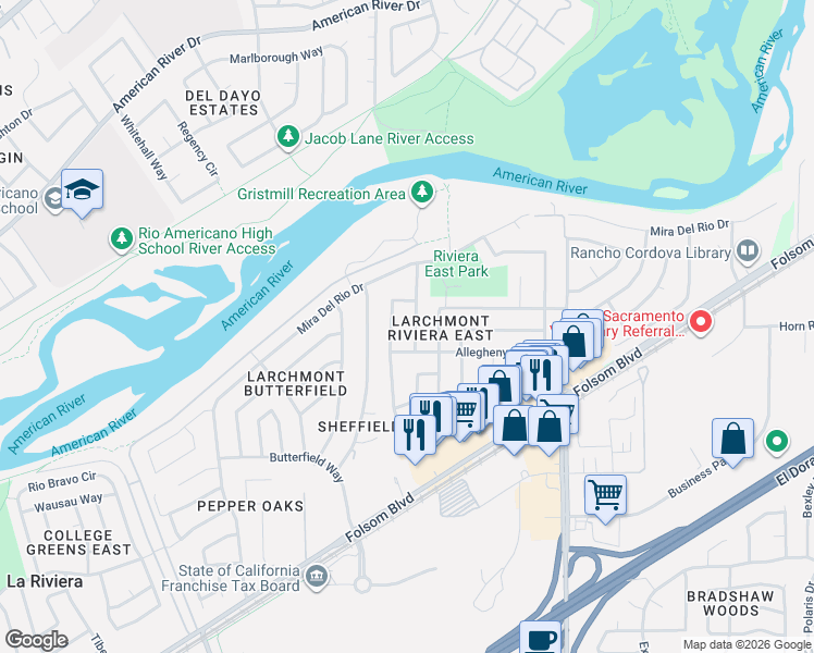 map of restaurants, bars, coffee shops, grocery stores, and more near 2628 Stonehaven Drive in Sacramento
