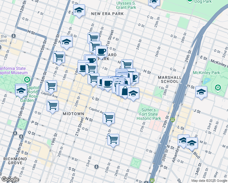 map of restaurants, bars, coffee shops, grocery stores, and more near 2318 K Street in Sacramento