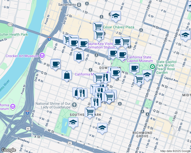map of restaurants, bars, coffee shops, grocery stores, and more near 1600 9th Street in Sacramento