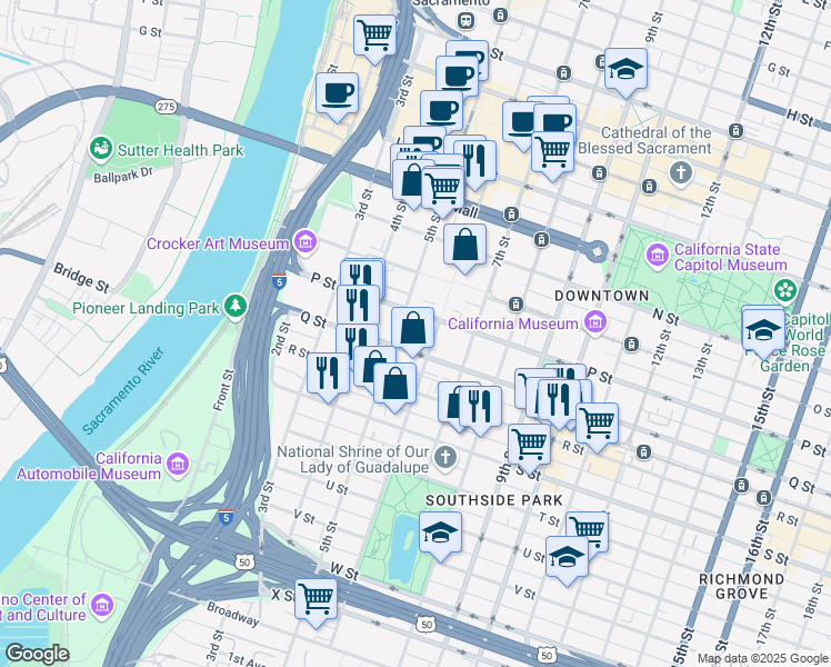 map of restaurants, bars, coffee shops, grocery stores, and more near 530 Q Street in Sacramento