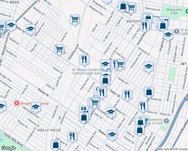 map of restaurants, bars, coffee shops, grocery stores, and more near 5018 Dewey Avenue in St. Louis