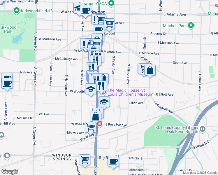 map of restaurants, bars, coffee shops, grocery stores, and more near 516 Historic U.S. 66 in Kirkwood