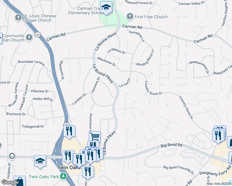 map of restaurants, bars, coffee shops, grocery stores, and more near 858 La Bonne Parkway in Ballwin