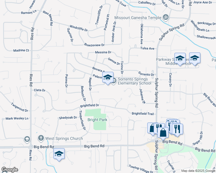map of restaurants, bars, coffee shops, grocery stores, and more near 309 Oakfield Drive in Ballwin