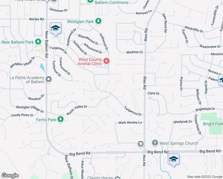 map of restaurants, bars, coffee shops, grocery stores, and more near 523 Rustic Valley Drive in Ballwin