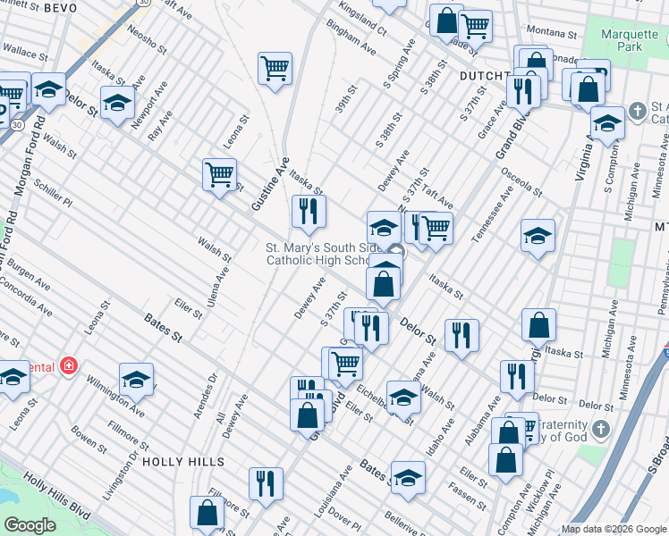 map of restaurants, bars, coffee shops, grocery stores, and more near 5018 Dewey Avenue in St. Louis