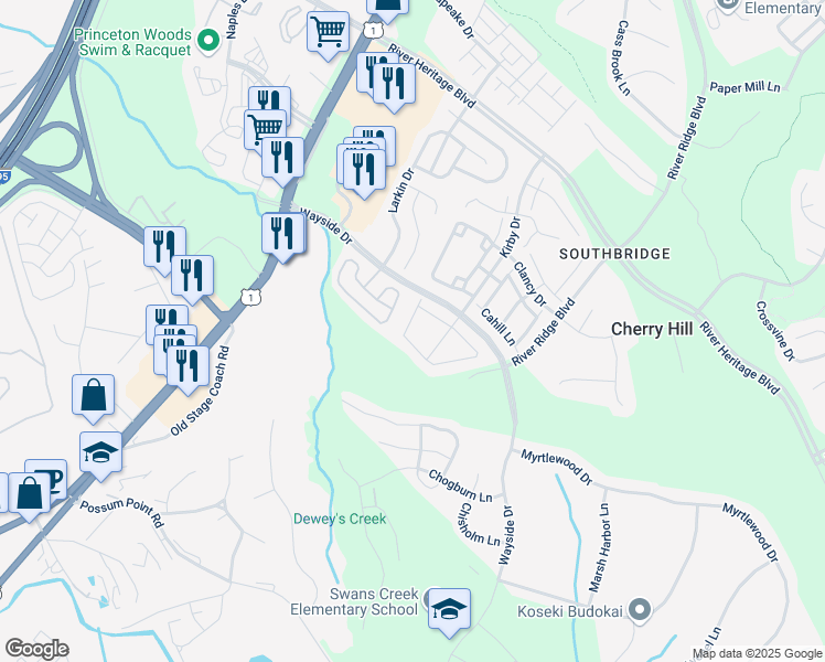 map of restaurants, bars, coffee shops, grocery stores, and more near 3148 Antrim Circle in Dumfries