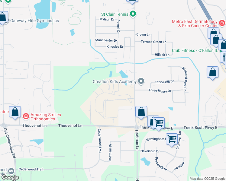 map of restaurants, bars, coffee shops, grocery stores, and more near 1045 Eventide Drive in Shiloh