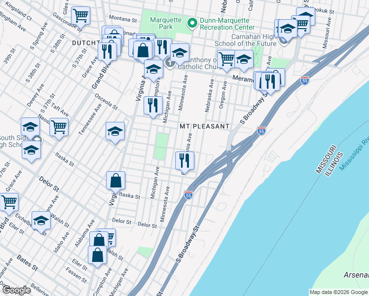 map of restaurants, bars, coffee shops, grocery stores, and more near 3009 Dakota Street in St. Louis