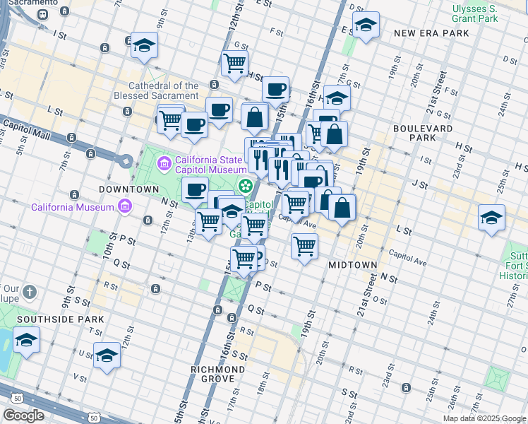 map of restaurants, bars, coffee shops, grocery stores, and more near 1500 Capitol Avenue in Sacramento