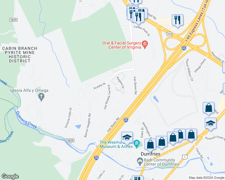 map of restaurants, bars, coffee shops, grocery stores, and more near 17419 Isle Royale Terrace in Dumfries