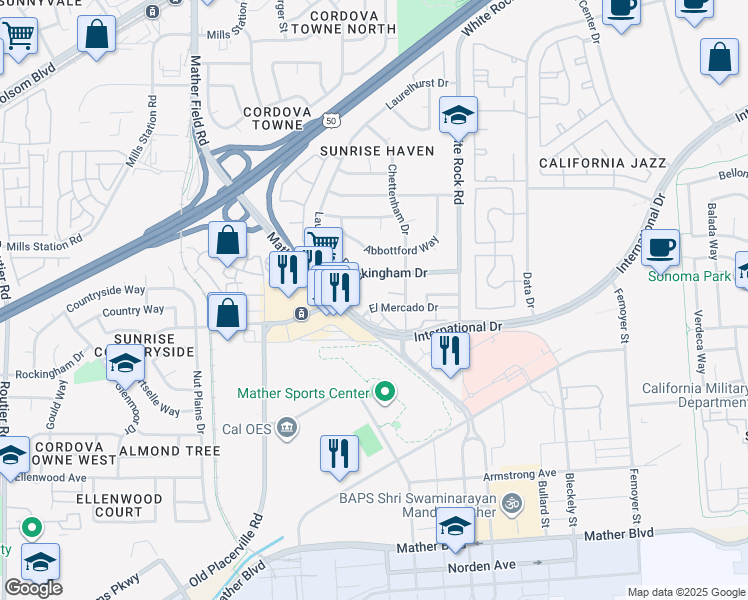 map of restaurants, bars, coffee shops, grocery stores, and more near 10416 Rockingham Drive in Rancho Cordova