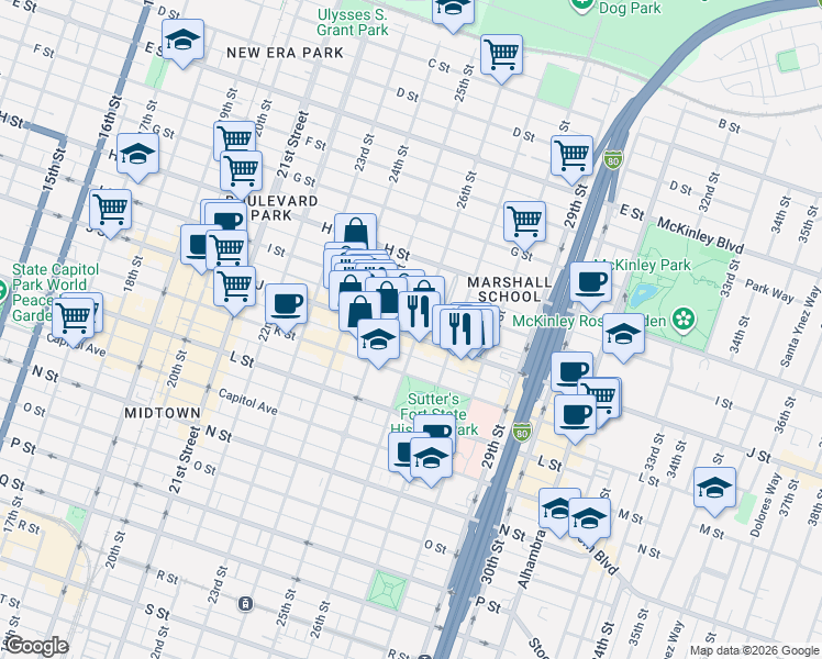 map of restaurants, bars, coffee shops, grocery stores, and more near 2528 I Street in Sacramento