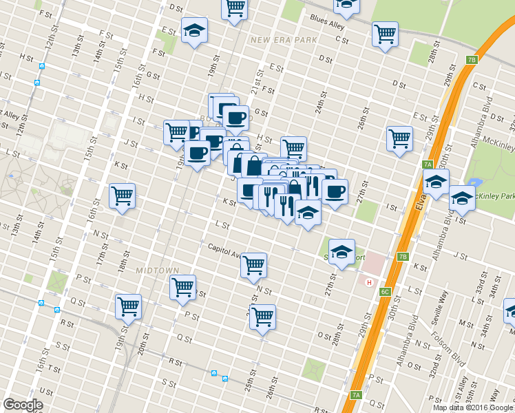 map of restaurants, bars, coffee shops, grocery stores, and more near in Sacramento