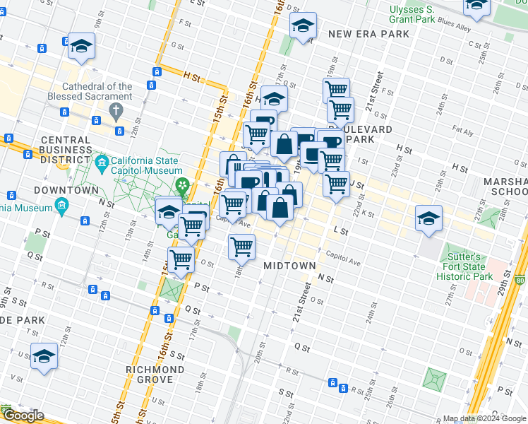 map of restaurants, bars, coffee shops, grocery stores, and more near in Sacramento