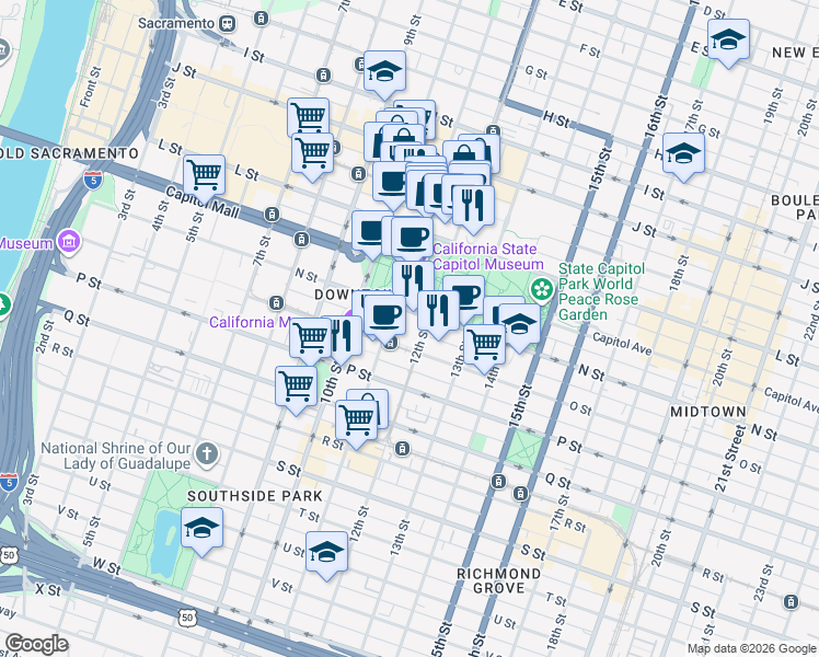 map of restaurants, bars, coffee shops, grocery stores, and more near 1100 Lincoln Highway in Sacramento
