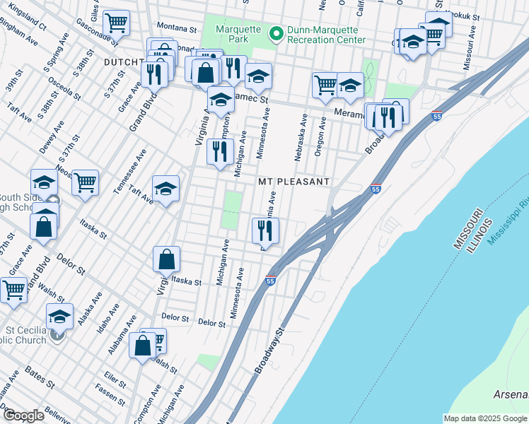 map of restaurants, bars, coffee shops, grocery stores, and more near 4435 Minnesota Avenue in St. Louis