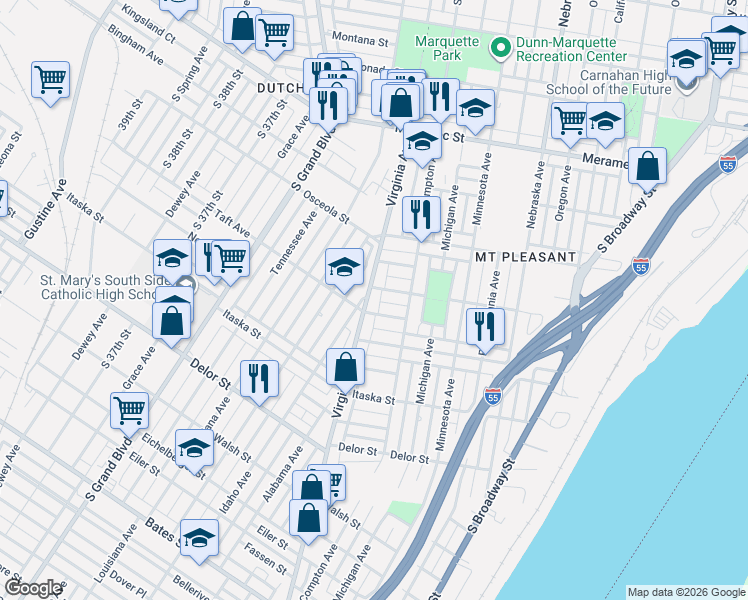 map of restaurants, bars, coffee shops, grocery stores, and more near 4449 Virginia Avenue in St. Louis
