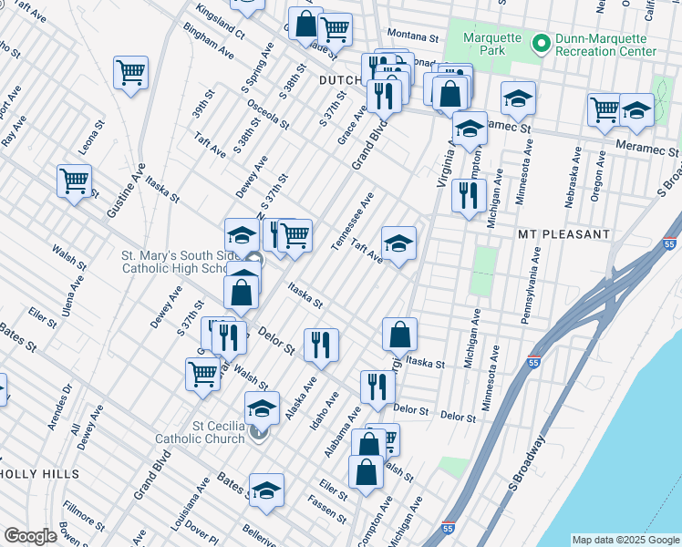 map of restaurants, bars, coffee shops, grocery stores, and more near 4613 Louisiana Avenue in St. Louis