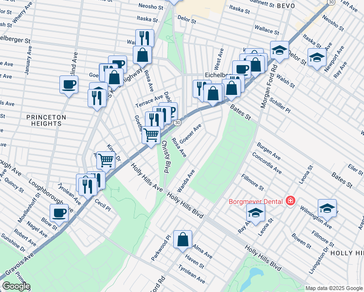 map of restaurants, bars, coffee shops, grocery stores, and more near 4429 Rosa Avenue in St. Louis
