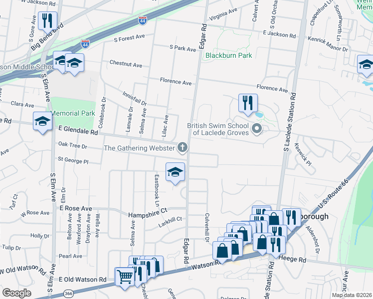 map of restaurants, bars, coffee shops, grocery stores, and more near 437 East Glendale Road in Webster Groves