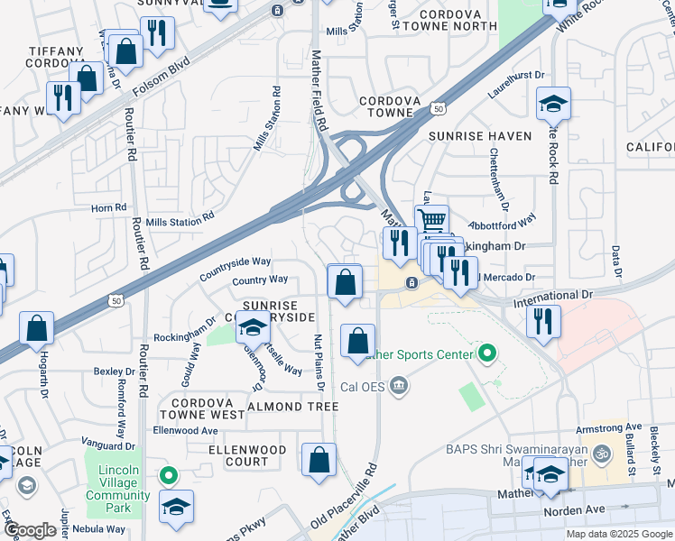 map of restaurants, bars, coffee shops, grocery stores, and more near 3217 Ramos Circle in Sacramento