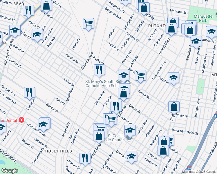 map of restaurants, bars, coffee shops, grocery stores, and more near 4760 South Spring Avenue in St. Louis