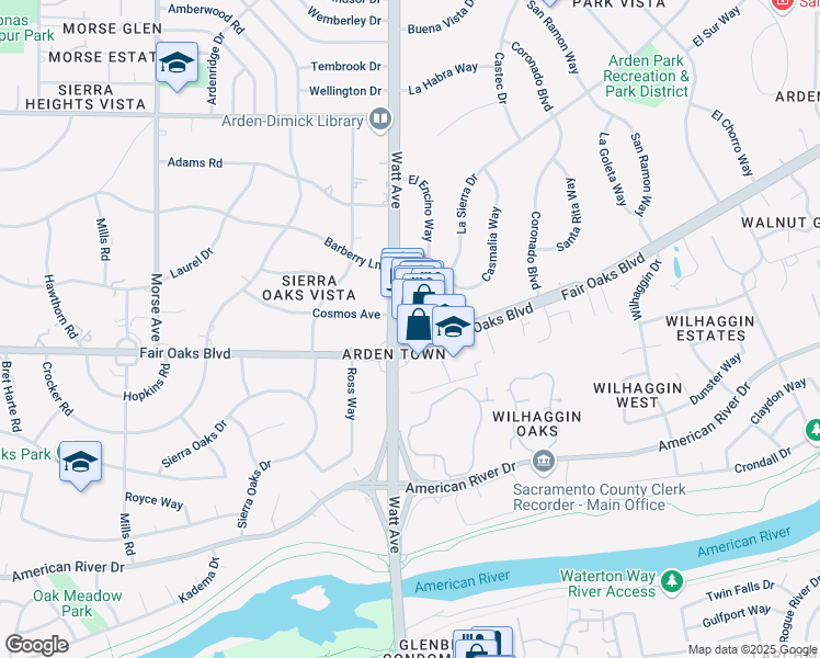 map of restaurants, bars, coffee shops, grocery stores, and more near La Sierra Drive in Sacramento