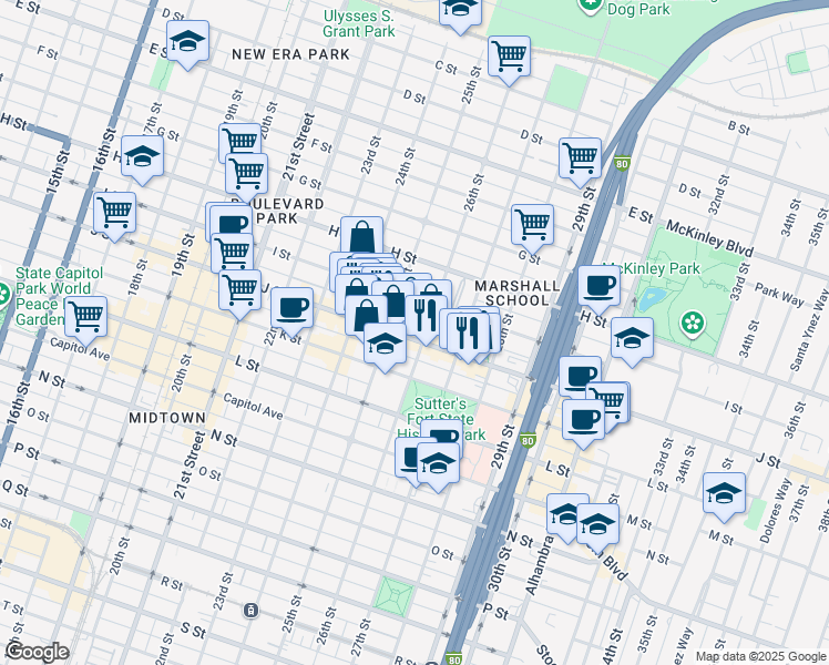 map of restaurants, bars, coffee shops, grocery stores, and more near 2528 I Street in Sacramento