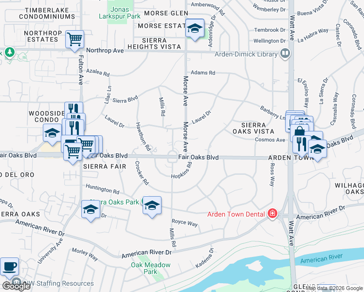 map of restaurants, bars, coffee shops, grocery stores, and more near 541 Morse Avenue in Sacramento