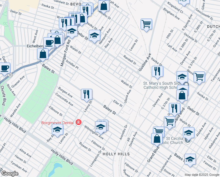 map of restaurants, bars, coffee shops, grocery stores, and more near 3977 Schiller Place in St. Louis