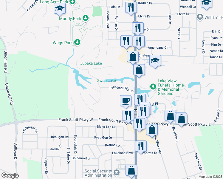 map of restaurants, bars, coffee shops, grocery stores, and more near 124 Lakeland Hills Drive in Fairview Heights