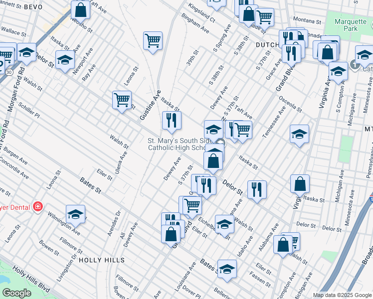map of restaurants, bars, coffee shops, grocery stores, and more near 3721 Delor Street in St. Louis