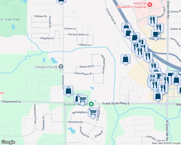 map of restaurants, bars, coffee shops, grocery stores, and more near 1305 Stone Hill Drive in O'Fallon
